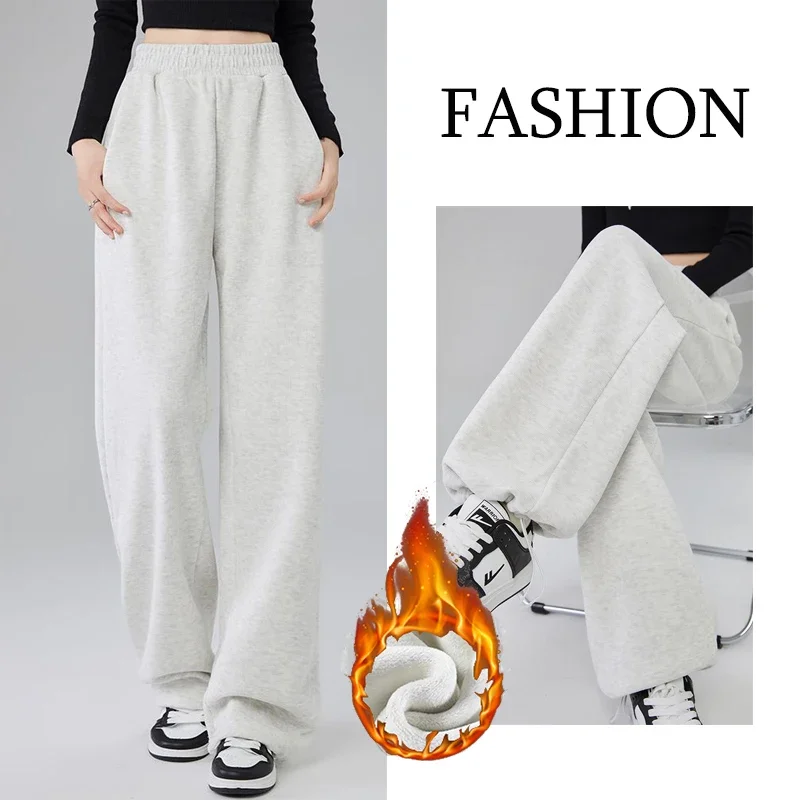Winter Weibliche Schnee Warme Lose Dünne Hosen Mädchen Plüsch Gerade Bein Hosen Frauen Chic Hohe Taille Fleece Thermische Hosen