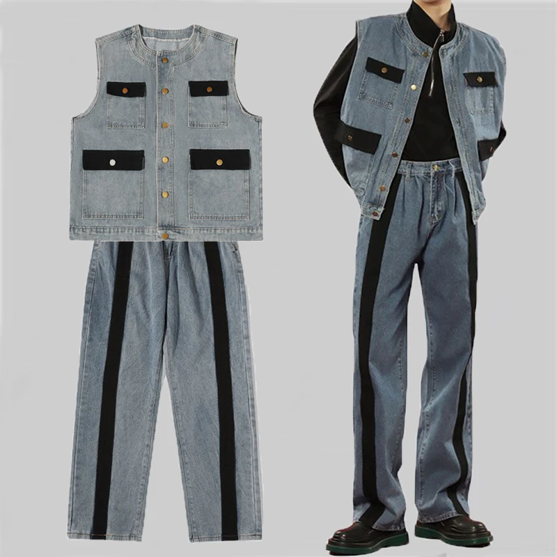 ARENS Men's Sets Cargo Denim 2 Piece Outfits Male Patchwear Jeans Pants + Vests Sleeveless Casual Korean Streetwear Hip Hop