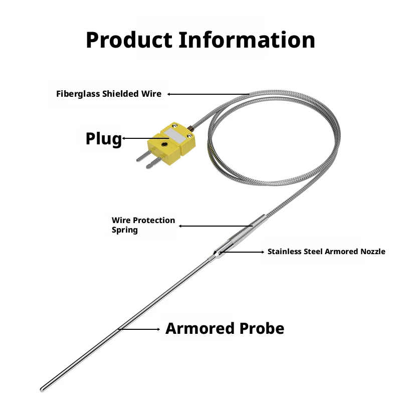 High-Precision K-Type Temp Probe, Armored Bendable Tip, GF+SS Shielding, -40C~1000C, for Data Loggers Controllers