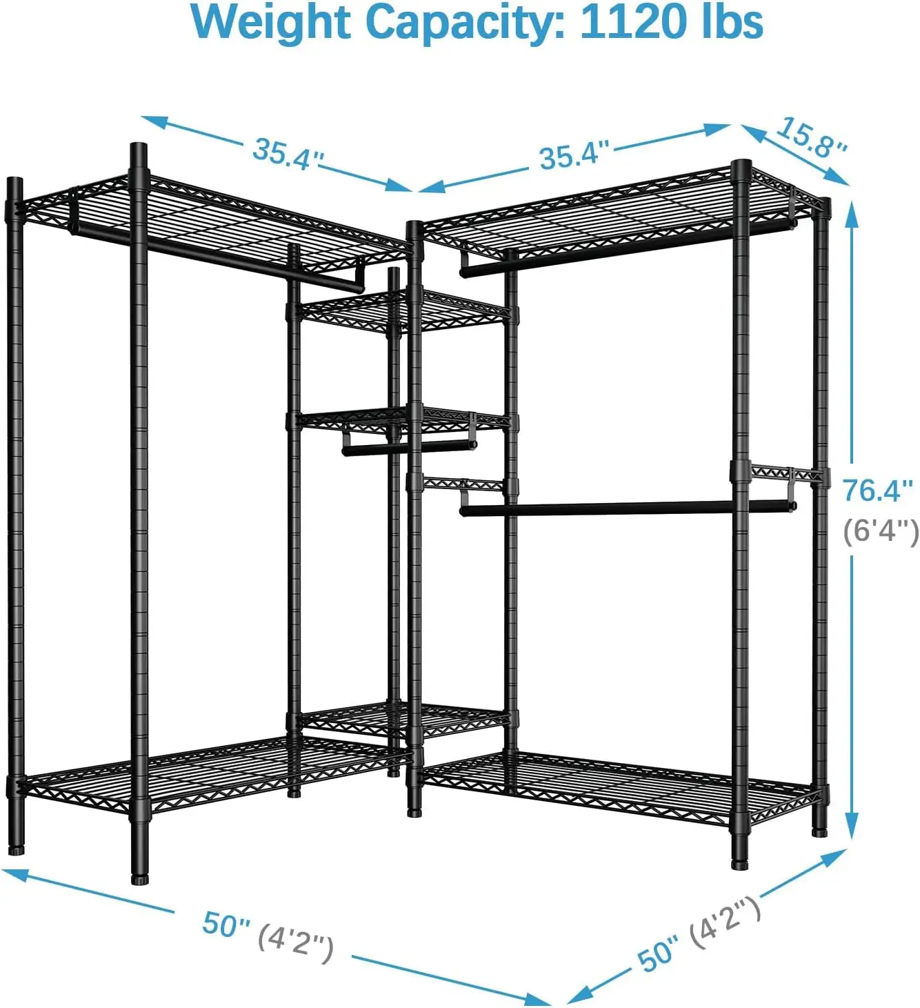 Nt Racks Rack de roupas resistentes Rack de armário de canto Rack de roupas em forma de L para pendurar roupas, armários autônomos de 5 camadas com