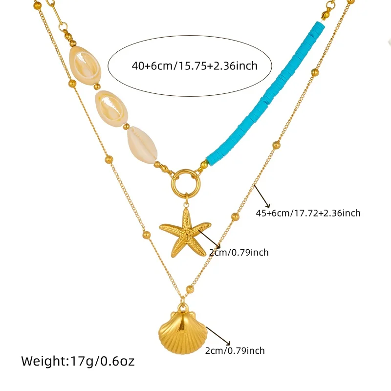 LAMENGLY 316l Stainless Steel Creative Double Chain Shell Starfish Combination Pendant Necklace Women Vacation Style Necklace