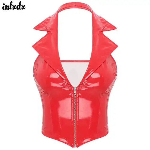 Imagen 1 del producto Chaleco de látex con escote en V profundo y cremallera frontal para mujer, Tops de charol brillante con solapa de muesca, chaleco ajustado, camisola de cuero PU