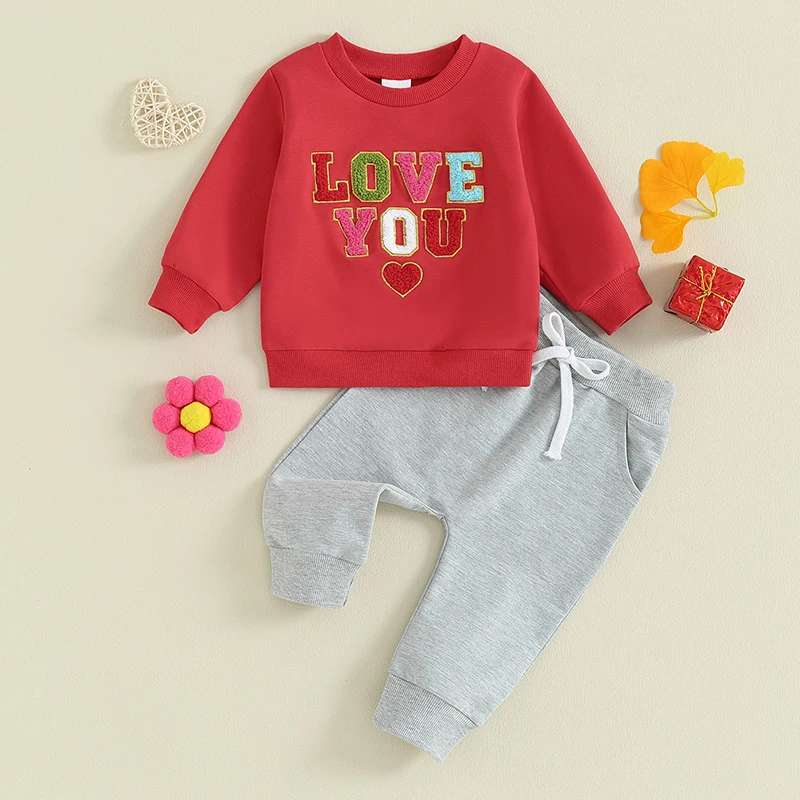 Toddler Baby Boy Valentines Day Outfits Letter Print Long Sleeve Sweatshirt Sweatpants Set Valentine Clothes Set