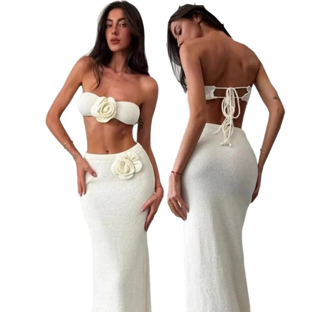 

High Waist Knitted ter Ne Dr And Skirt Set Women's Beach Vaion Outfit Sexy Floral Hollow out Two Piece Set