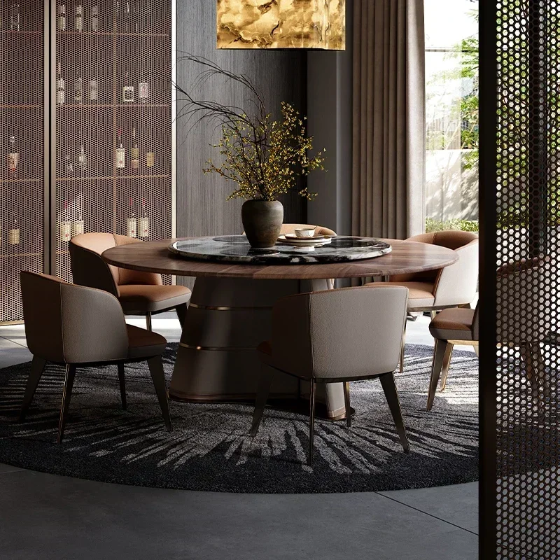 Luxury Round Dining Table Light Wind North American Black Walnut Electric Dining Table High End Marble Rotating Induction Cooker