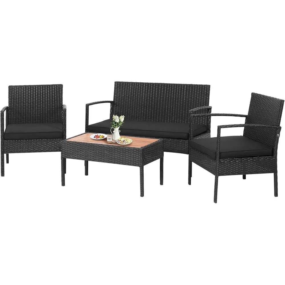 

Outdoor Rattan Patio Sectional Set with Loveseat and 2 Chairs, Acacia Wood Tabletop, Ideal for Deck, Garden, or Poolside