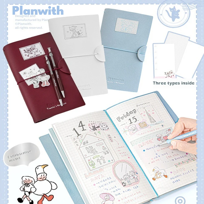 

Planwith x Luna & Seabird TN Traveler's Notebook PU Blank/Grid/Theme Inner Pages Anti-Burst Strap Mini Size Cute Planner Notepad