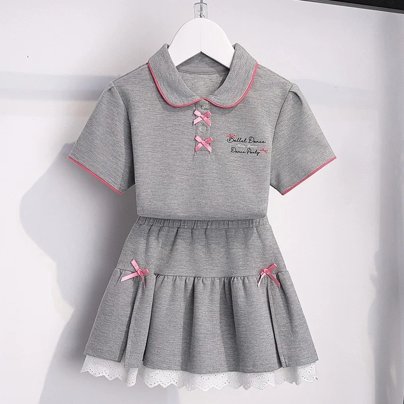 2026 SUMMER child set Girls Clothes sport tracksuit teenager bow striped T-shirt top + Pleated skirt pant 4 5 8 9 10 11 12 years