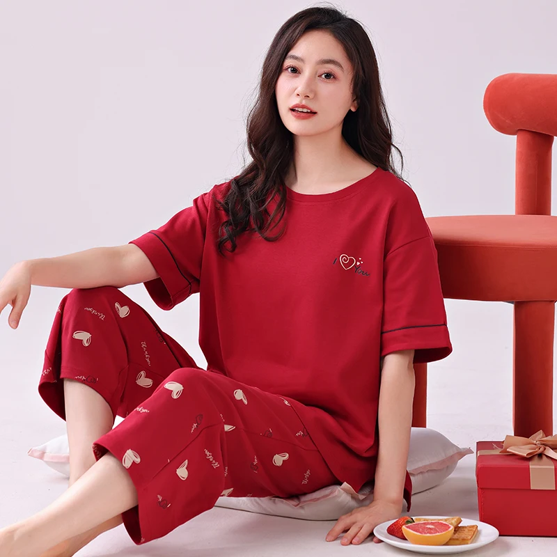 Newest Summer Casual Pajamas Set Women 100% Cotton Sleepwear Female Short Top+Calf-Length Pant Pyjamas