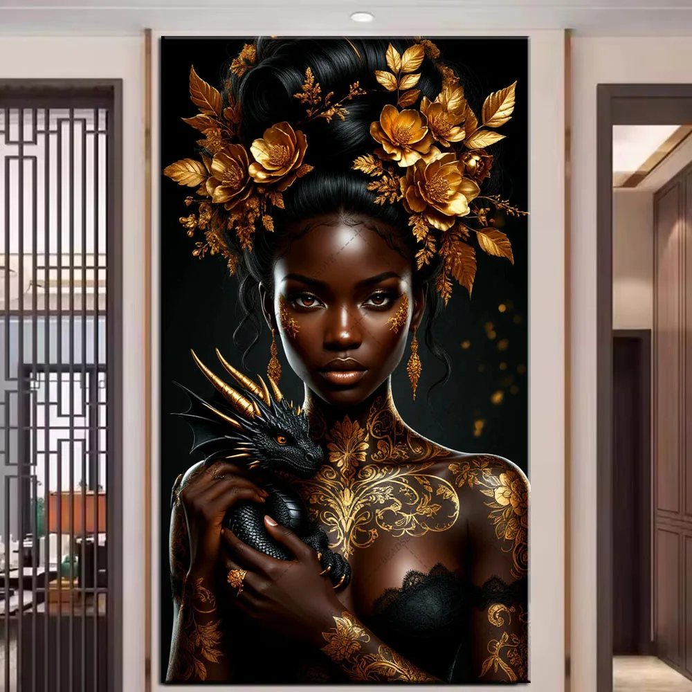 

African Woman And Little Dragon Large 100x200cm Decor Diamond Art Full Square Round Diamond Painting Mosaic 5D Diy Cross Stitch