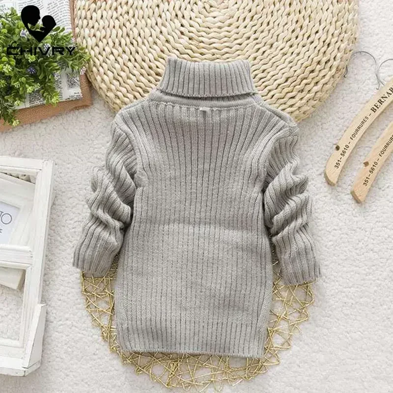 New 2024 Kids Children Solid Pullover Sweater Autumn Winter Boys Girls Turtleneck Knitted Sweaters Tops Clothing for 2-8T