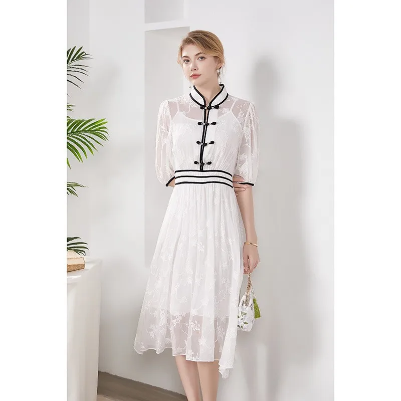 

Women's Long Style Summer Dress, 100% Silk, Classic Wind Waist, Slim Temperament, D4134