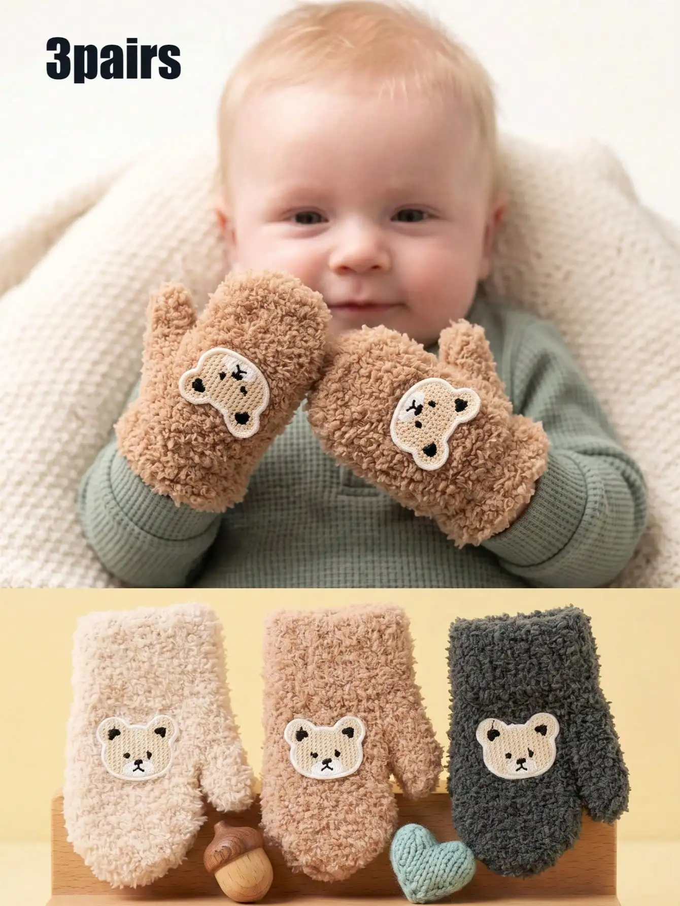 3Pairs 0‑12M Baby Boys Bear Half‑Velour Mittens Set, Plush Knit Fully Enclosed Mittens, Khaki Gradient Infant Hand Covers