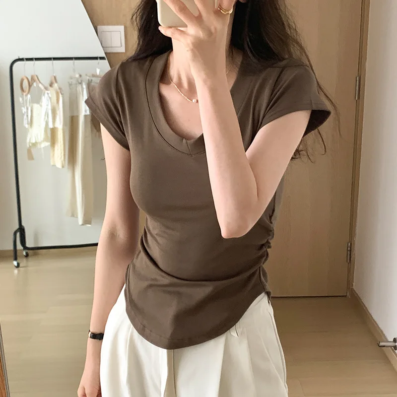 Summer women's T-shirt; women's basic short-sleeved shirt; slim-fit top; women's casual short-slee T-shirt with irregular V-neck