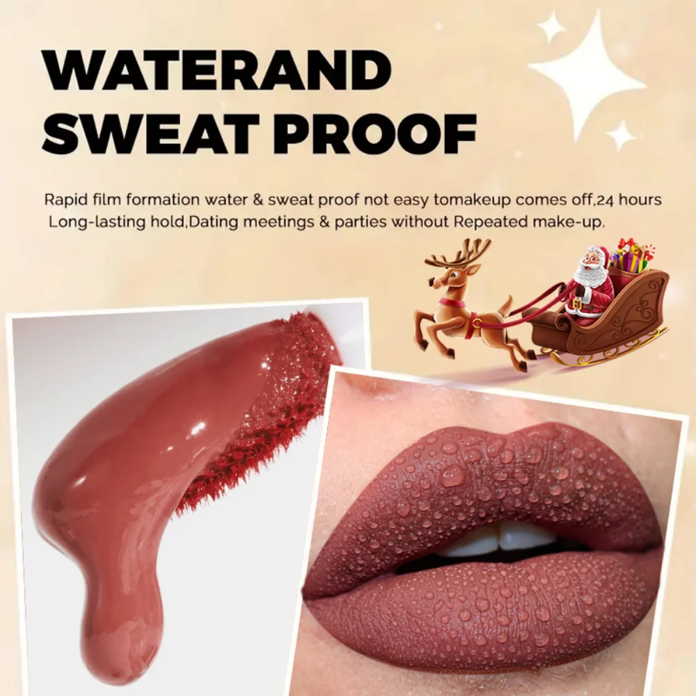 أحمر شفاه سائل عاري مقاوم للماء مخملي غير لامع ملمع شفاه يدوم طويلاً غير لاصق كوب ملمع شفاه أصباغ مكياج مستحضرات تجميل عيد الميلاد #4