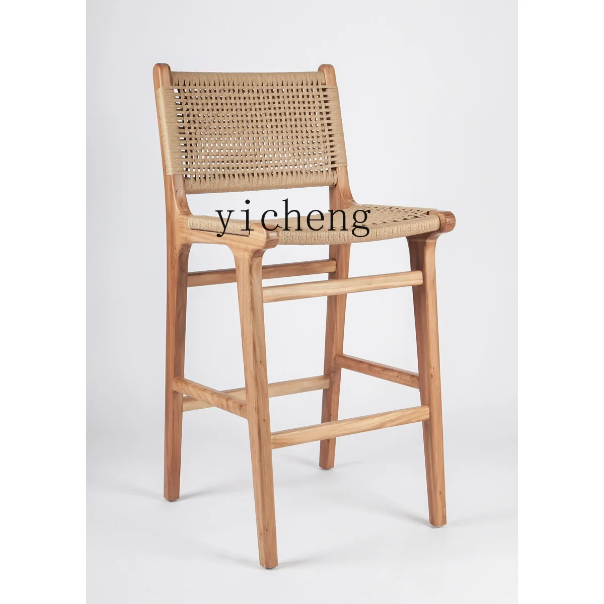 Zc Bar Stool Solid Wood Vintage Cafe Bar Household Minimalist Backrest Rope Woven Bar Chair