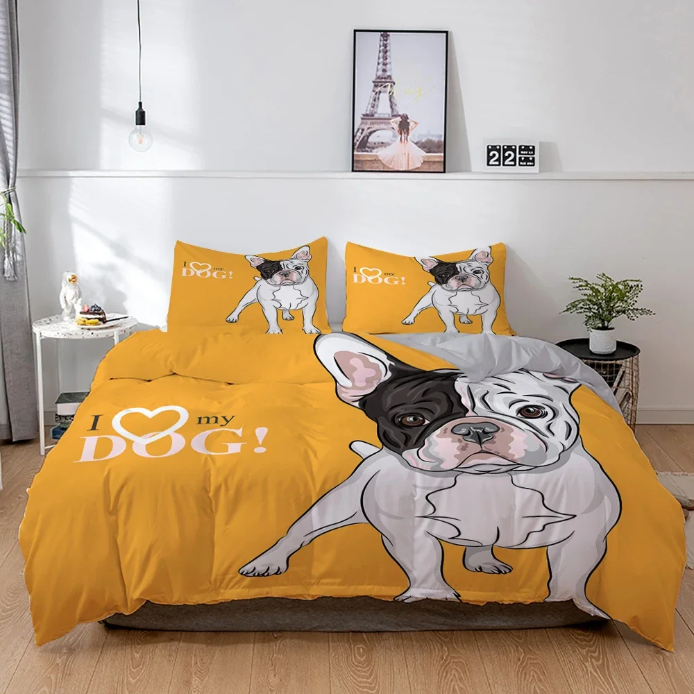 3d cão conjunto de cama bonito buldogue francês filhote de cachorro conjuntos capa edredão dos desenhos animados animais estimação têxteis para casa rainha 2/3 pçs rei completo