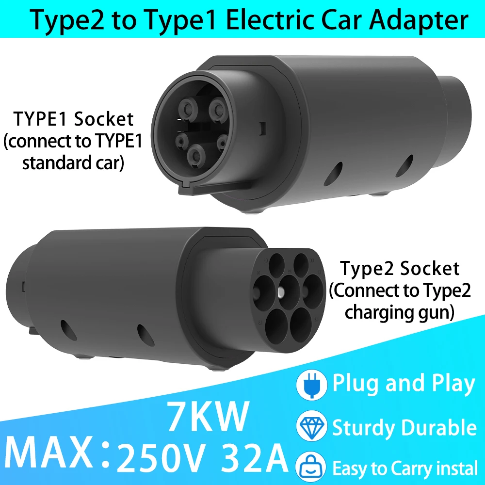 

Универсальное зарядное устройство для электромобилей, адаптер Type2 на Type1, 32 А, 250 В, 7 кВт, совместимое с зарядным устройством ev Type 2, для электромобиля, розетка переменного тока типа 1 j1772