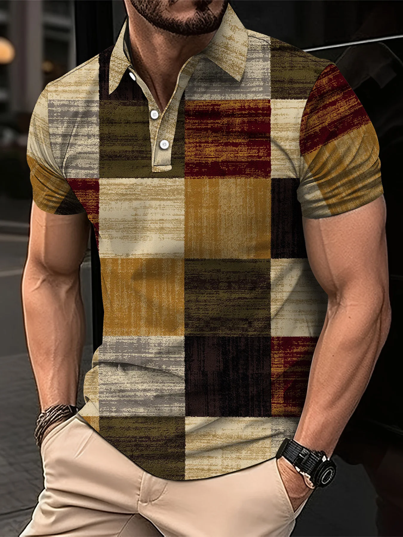 

Fashion Elegant Harajuku Slim Fit Ropa Hombre Loose Casual All Match Lattice Men's POLO Shirt Printed Button Short Sleeve Tops