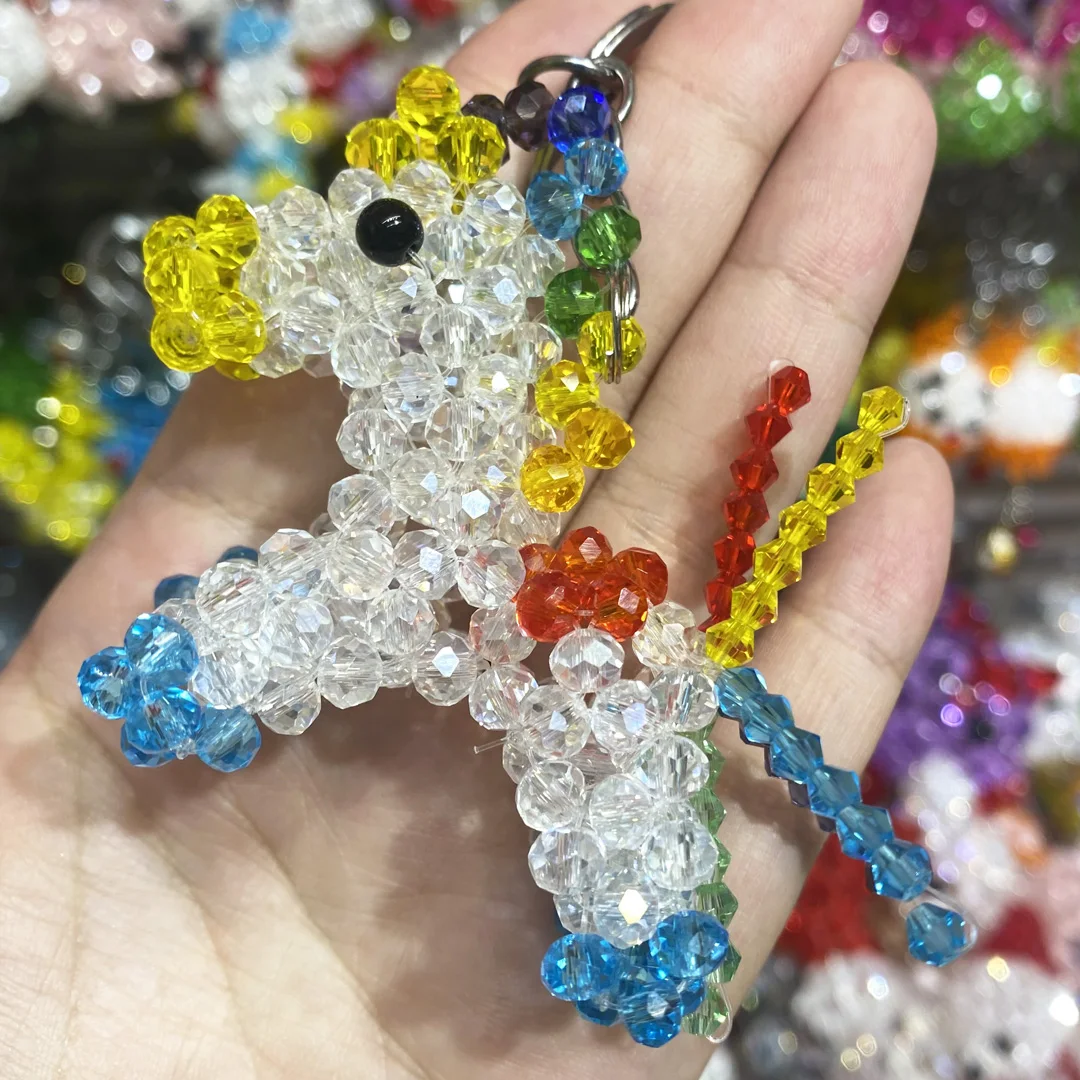 2022 New Cute Little Rainbow White Horse Hand Knitting Beaded Key Chain Women Girls Crystal Healing Craft Collection 1PCS