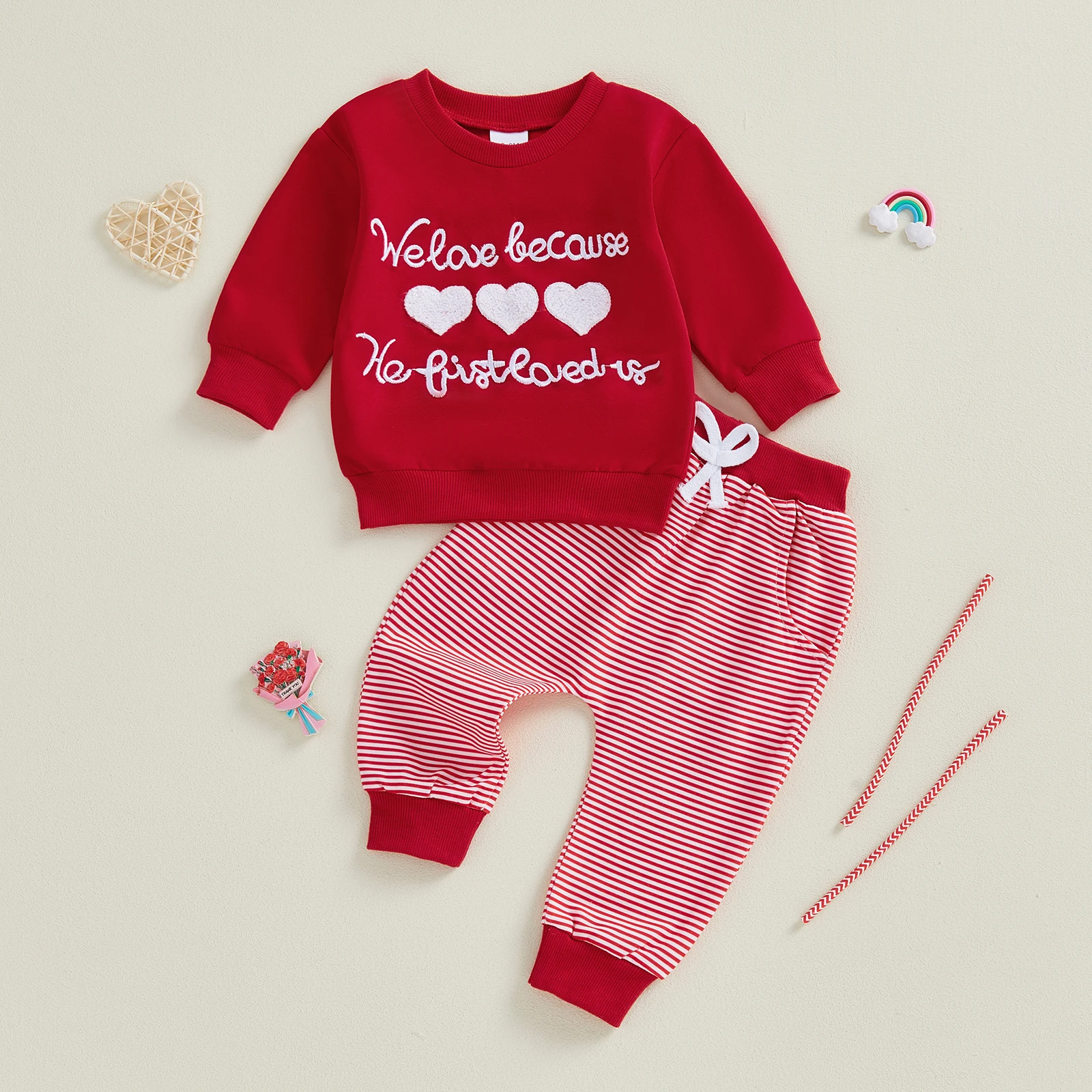 Toddler Boy Valentines Day Outfits Letter Heart Embroidery Long Sleeve Round Neck Pullover Sweatshirt Stripe Pants 2 Pcs Set