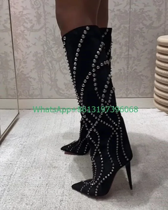 

Lady blue suede design punk rockrievt boots vintage black color pointed toe calf boots size 35-44 causal spiked sexy punk boots