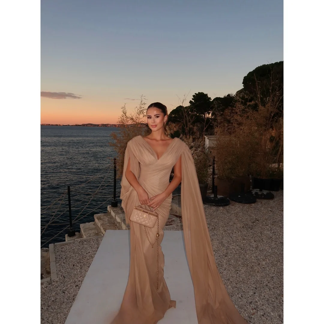 Bella Customized V-Neck Floor-Length Prom Dress Multilayer Pleats vestidos de noche Pleats Detachable Shawl Evening Dresses 2026