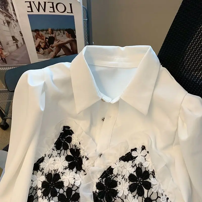 Temperament Flower Embroidered White Shirt Fake Two Fashionable Tops Blusas Mujer De Moda Office Lady Blouse Ropa Shirts