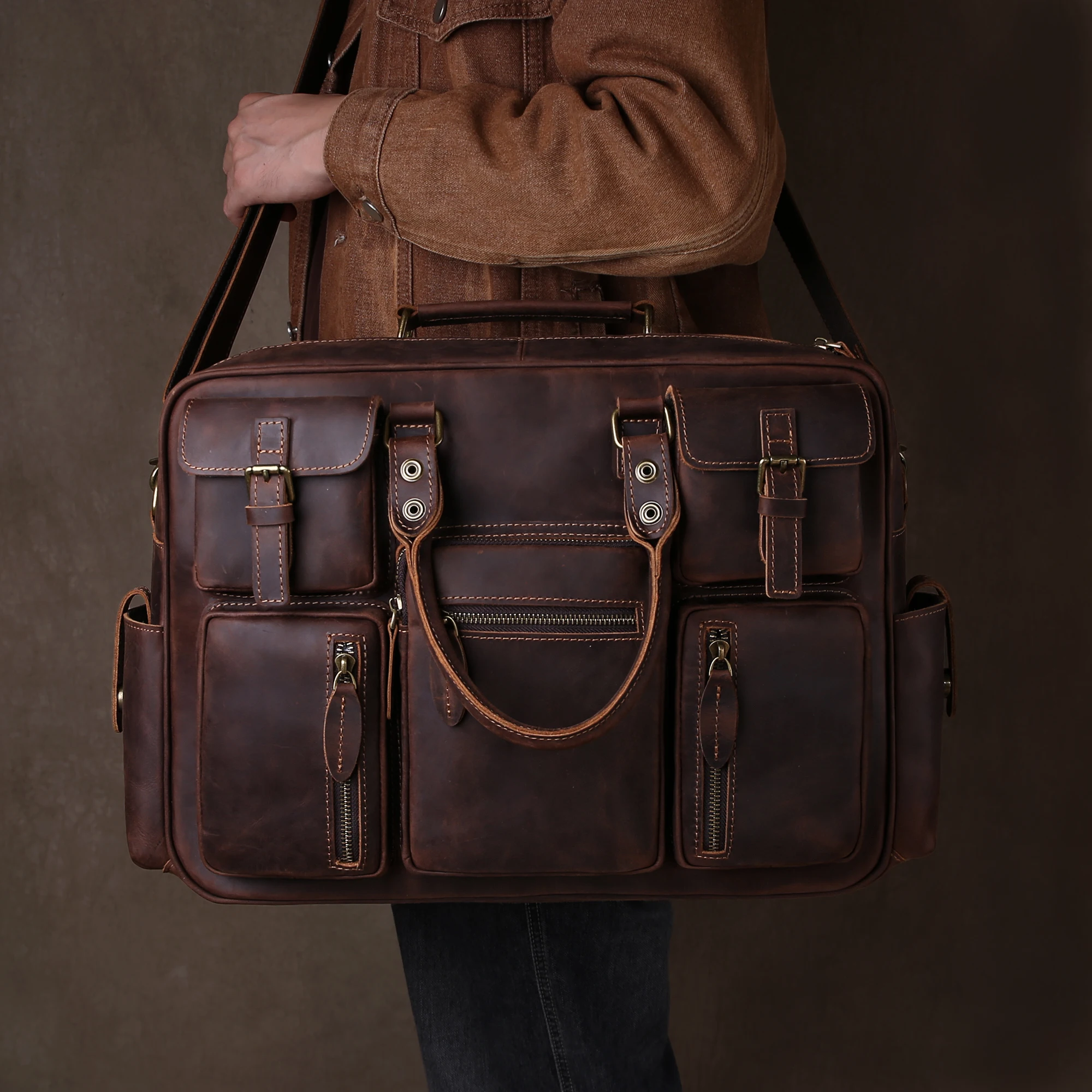 Retro genuine leather handbag - Men's top-grain cowhide large capacity multi-pocket briefcase, laptop bag, travel bag