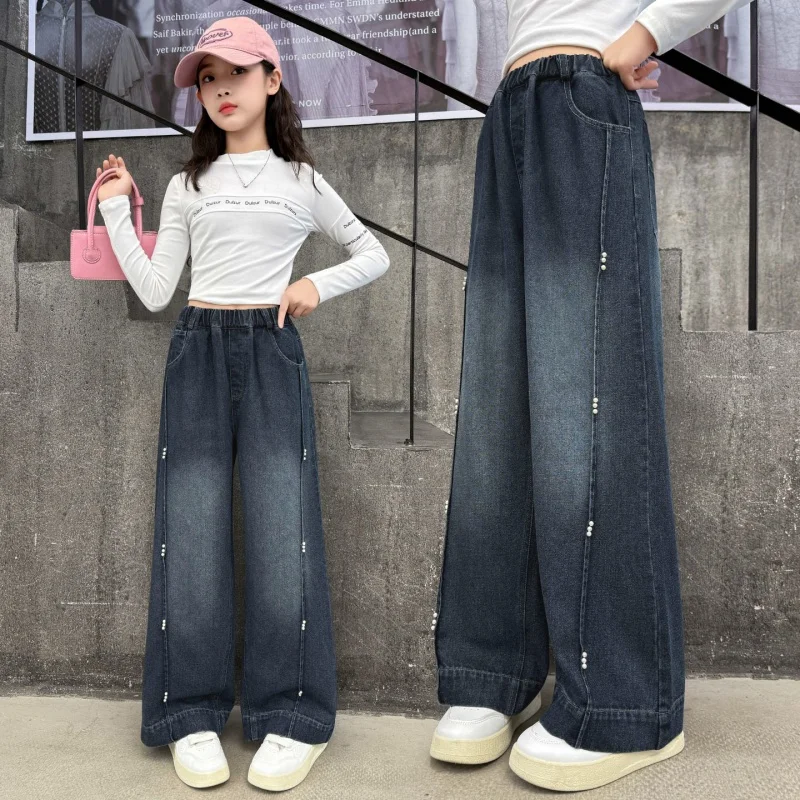 

Spring Autumn Children Loose Fit Jeans with Pearls on the Side for Teen Girl Fashion Casual Denim Pants Kids Retro Blue Trousers