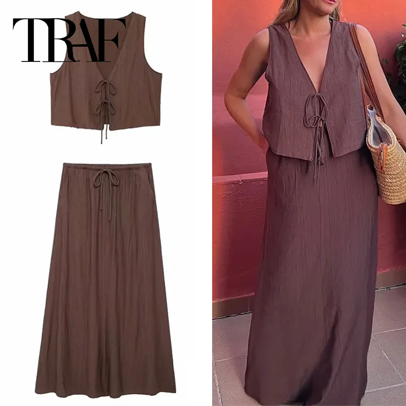 TRAF 2024 Skirt Sets For Women 2 Pieces Vintage Solid Midi Skirt Set Bow Cropped Vest Top Woman Fashion Womens Summer Outfits