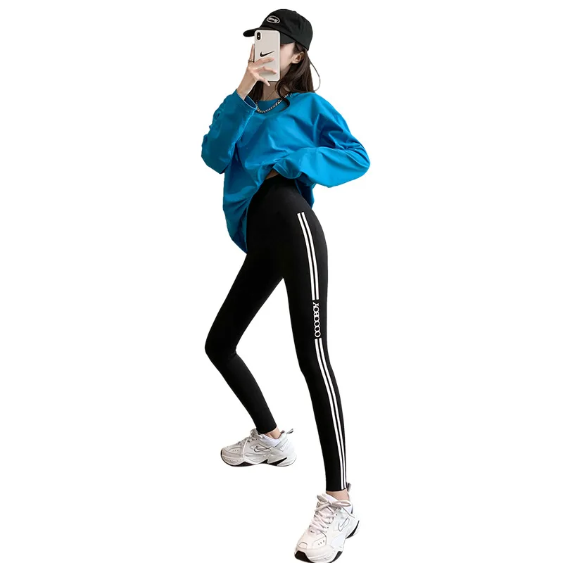 

Shark Pants Women's Outer Wear High Waist, Abdomen and Hip Lifting Yoga Fitness Bottoming and Plush New Side Vertical Strip