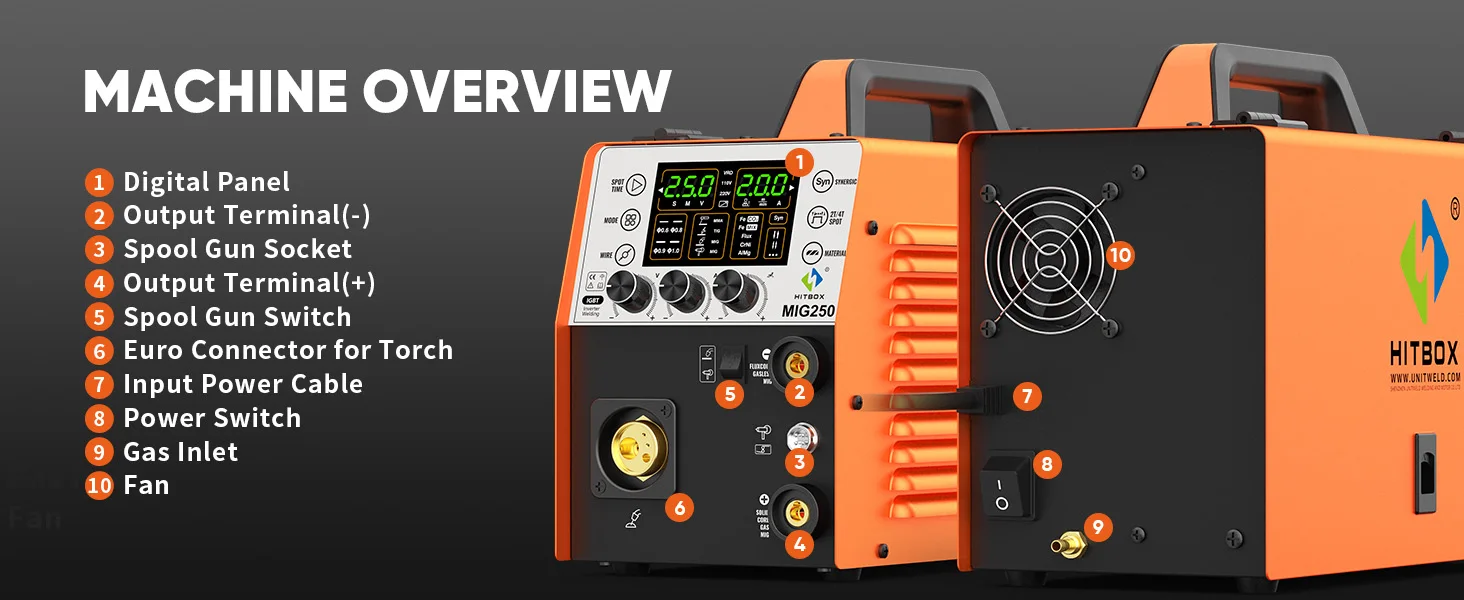 MIG Welder Gasless 180A HITBOX MIG250II 6 in 1 Mini Portable Inverter Welding Machine Semi-automatic TIG MIG 220V Home Use