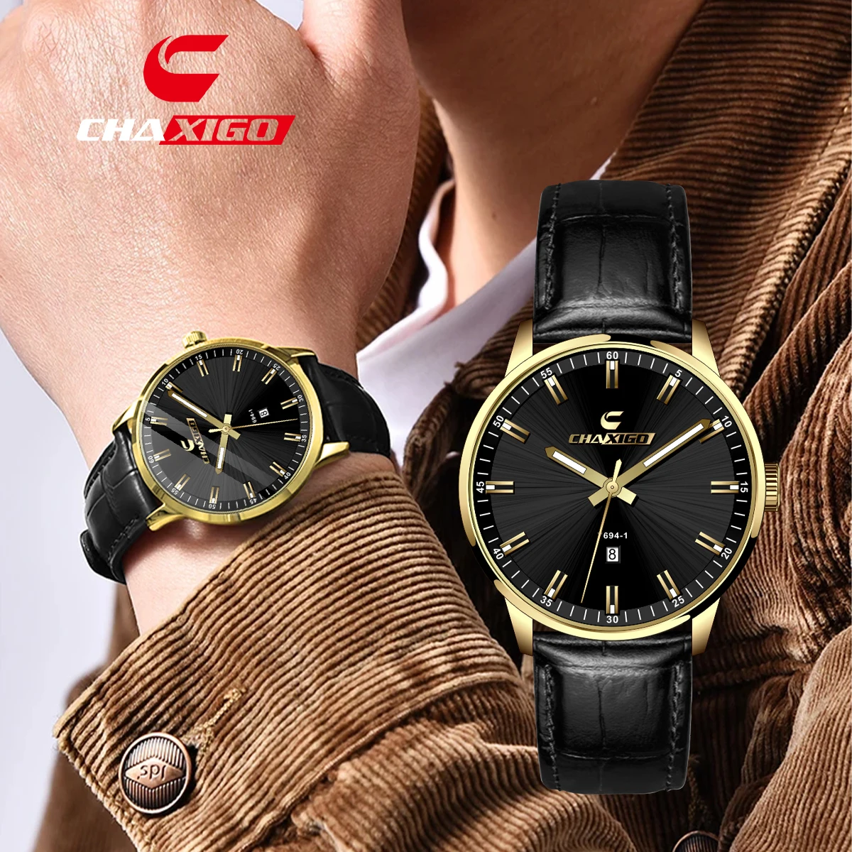 CHAXIGO Men's Business Leather Strap Watch, Full Calendar Function, 30m Water Resistance, Luminous Markers, Lightweight Design