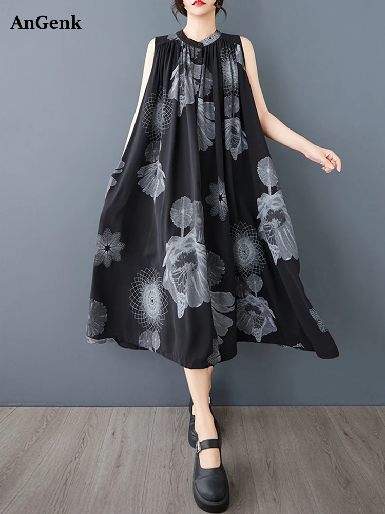 

2025 Spring Summer New Print Vintage Dresses For Women Stand Collar Sleeveless Loose Casual Midi Dress Elegant Fashion Clothing