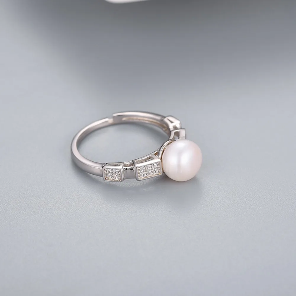 Seulement Adjustable Silver Plated Freshwater Pearl Ring for Women-Elegant CZ Paved Band Fashion Statement Jewelry Gift