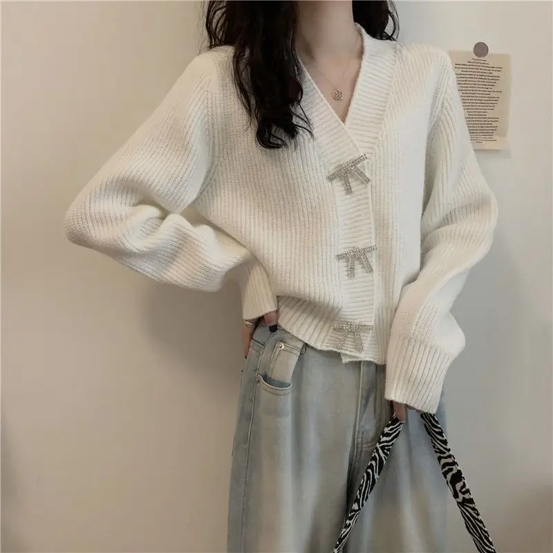 

Casual V-Neck Short Loose Sweaters Spring Autumn New Solid Color Female Clothing Korean Long Sleeve Fashion Bow Knitted Cardigan