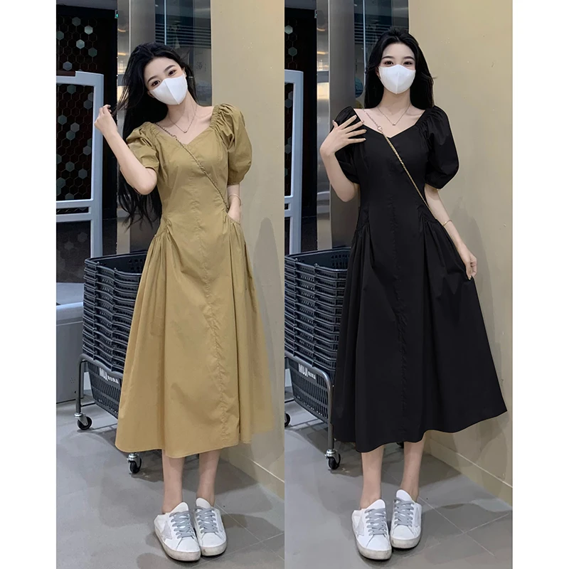 

plus Size Women's Short Sleeve Dress Summer Slimming Black Dress Cover Belly High Waist A-Line Skirt Korean Style Casual Wear