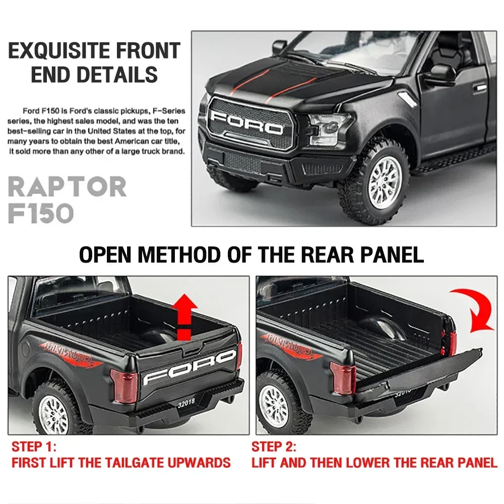 1:32 Ford Raptor F150 Pickup fuoristrada pressofuso in lega di metallo modello di auto Sound Light Pull Back Collection regali giocattolo per bambini