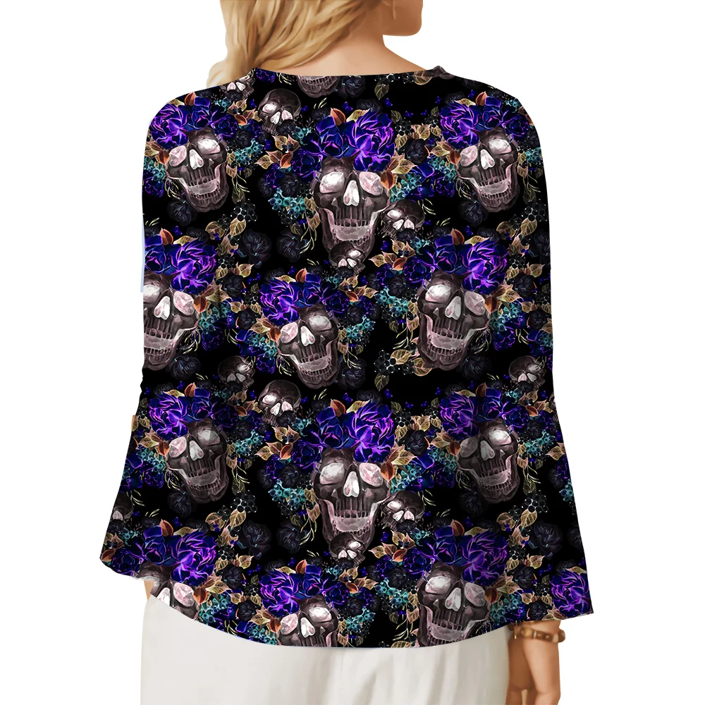 CLOOCL Women T-shirt Hawii Purple Flower Graphics 3D Printed Tee Button Decorate Crew Neck Long Sleeve Casual Tops Female Shirt