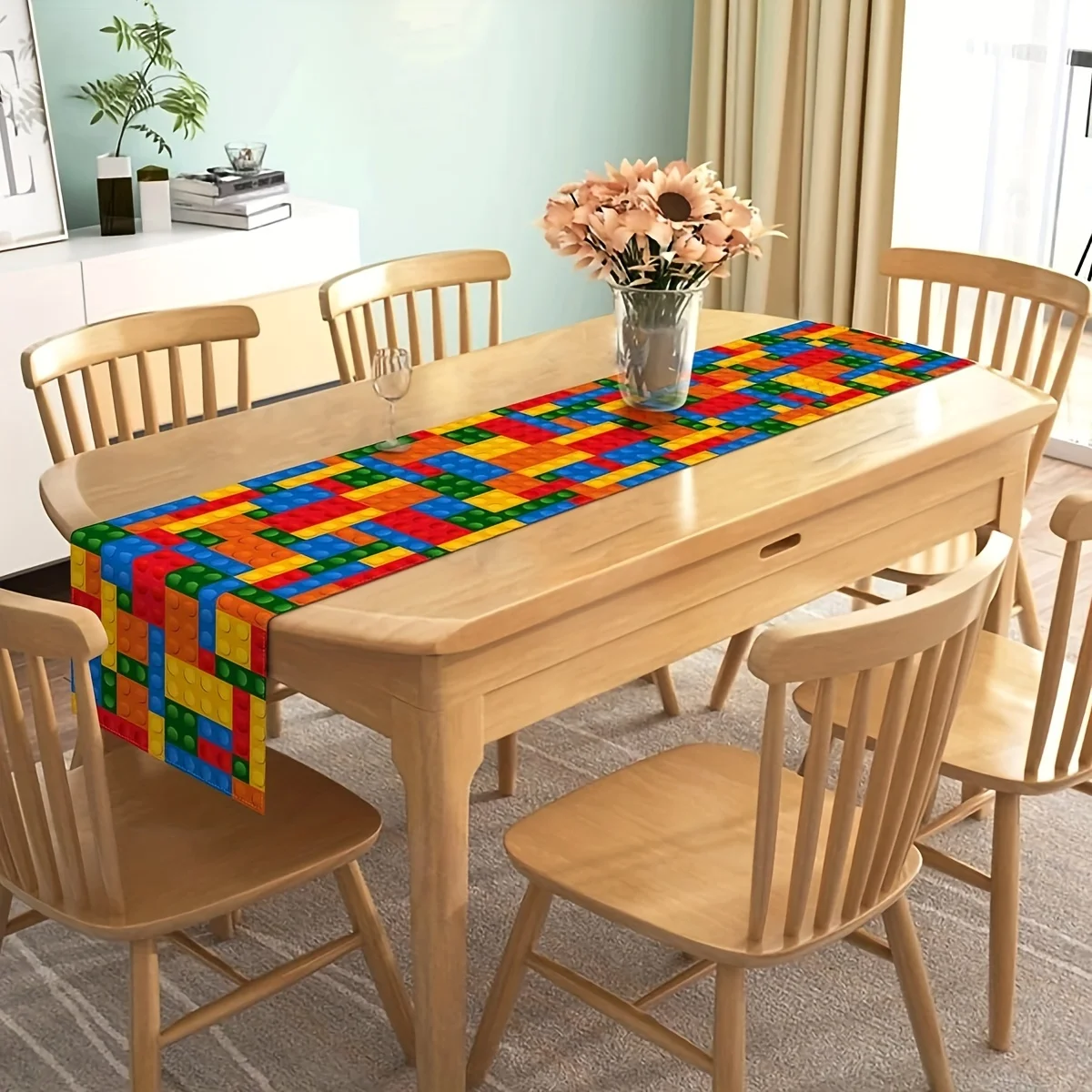 Colorful Building Blocks Table Runner -  Kids Themed Party Decor for Birthday Classroom Home Dining