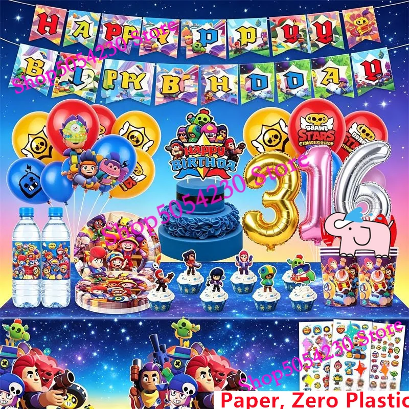 

Ultimate Brawl Stars Themed Birthday Party Bundle Happy Birthday Banner Latex Balloons Tableware Cups & Cartoon Game Favor Gifts