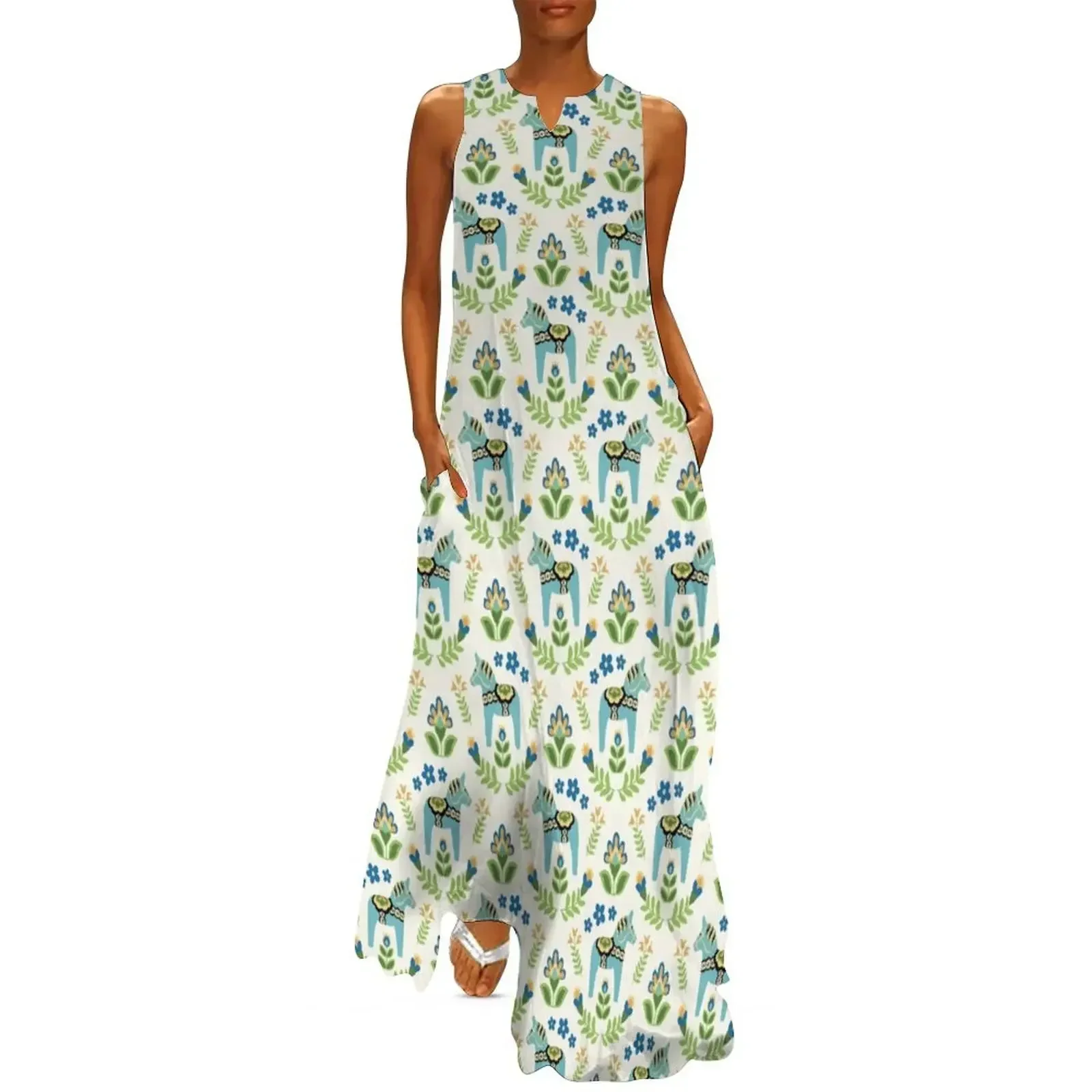 

Swedish Dala Horses Teal Long Dress dress women elegant luxury elegant women's dresses for wedding evening dresses ladies Dress