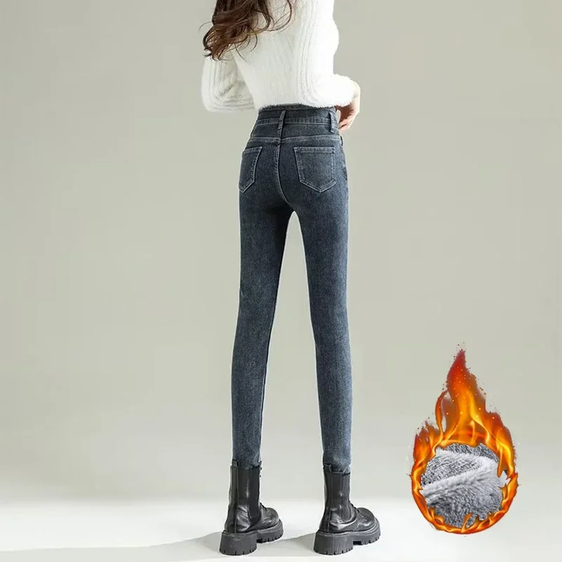 الشتاء الفتيات شيك الكورية مستقيم الساق أفخم الجينز سيدة الموضة عالية الخصر الحرارية سراويل جينز النساء الثلوج الدافئة الصوف السراويل