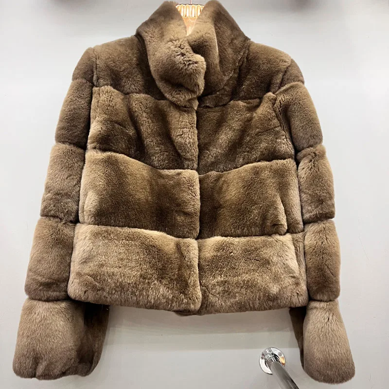 

2025 New Women's Real Natural Rex Rabbit Fur Coat Long Sleeves Luxury High Quality Fur Coat Thick Warm Outerwear Jackets