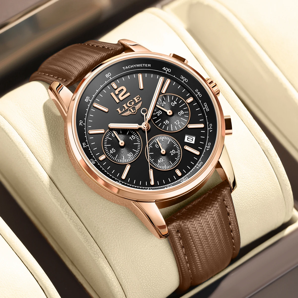 LIGE Herrenuhren, Top-Luxus-Quarz-Armbanduhren, Chronograph, wasserdicht, Leder, Sportuhr, Herren-Geschenk, Uhr