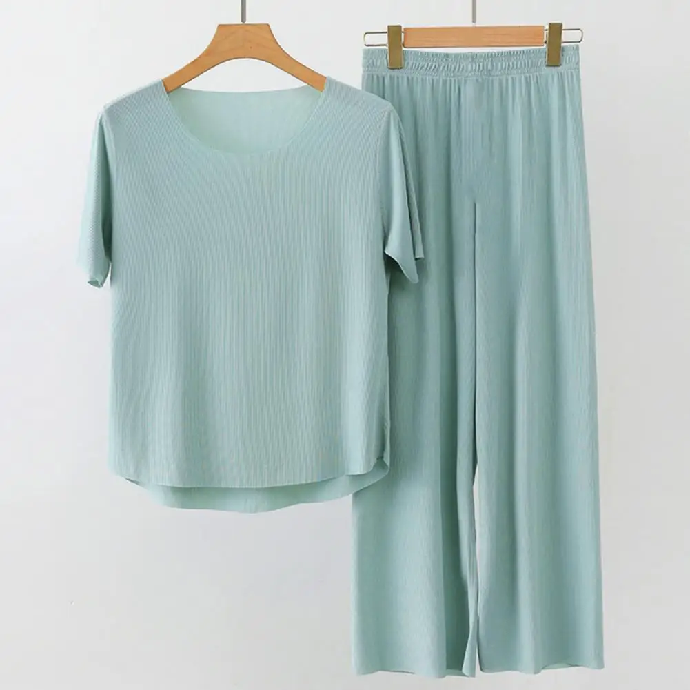 

Polyester Spandex Pajamas Women Pajama Set Women’s Ice Silk Pajamas Set 2-piece Short Sleeve Crewneck T-shirt Long Pants