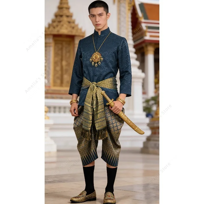 Traje Tradicional Tailandés de Lujo para Hombre, Traje Formal Real, Camisa de Manga Larga y Pantalón, Conjunto para Boda, Fiesta, Gala, Uniforme de Anfitrión, Estudio Fotográfico