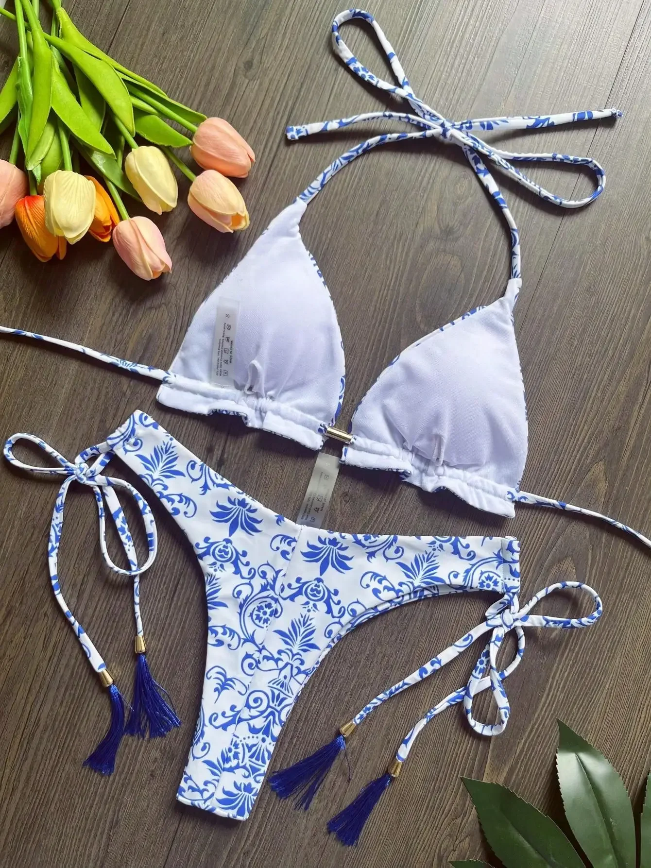 RUOTONSEPT Sexy Women Swimsuit Blue and White Print Bikini Set Triangle Bathing Suit Halter Swimwear Bandage Brazilian Biquinis