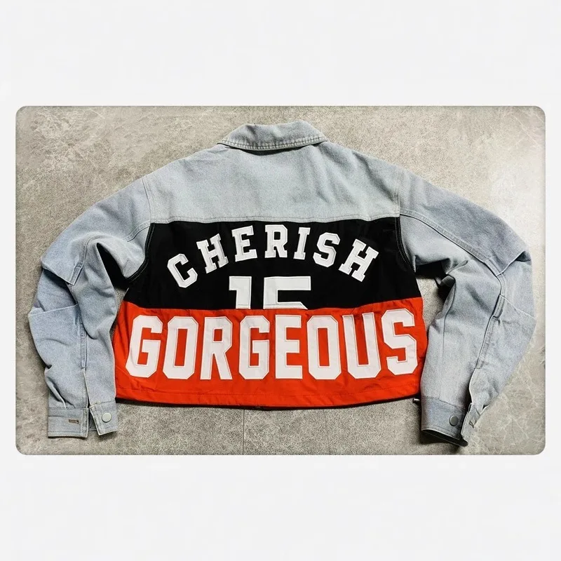 2025 Spring European Goods Heavy Industry Pocket Design Sense Letter Embroidery Color Matching Jacket Trendy Denim Jacket Women